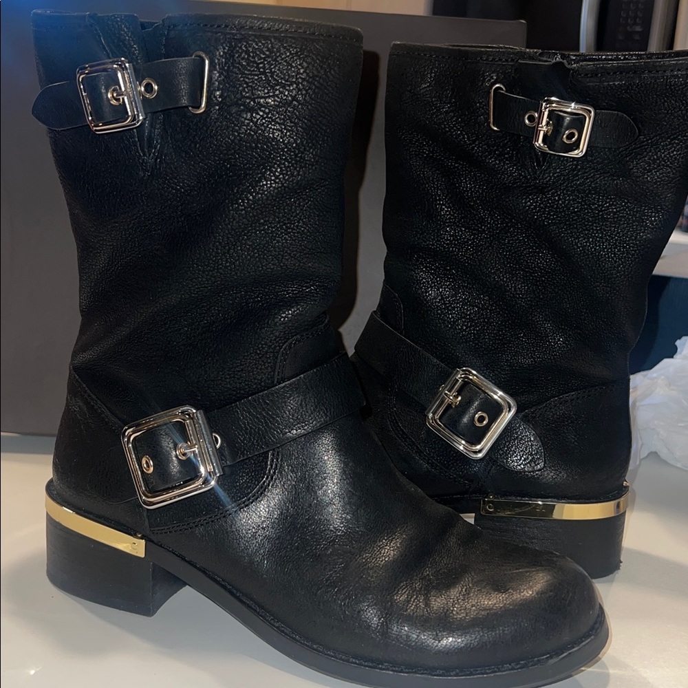 Vince Camuto Black Leather Buckle Boots